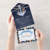 Waterverf Nautical Anchor Navy Blue Baby shower All In One Uitnodiging (Afscheurbaar)