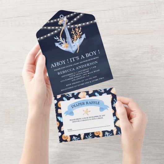 Waterverf Nautical Anchor Navy Blue Baby shower All In One Uitnodiging (Afscheurbaar)