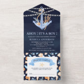 Waterverf Nautical Anchor Navy Blue Baby shower All In One Uitnodiging (Binnen)