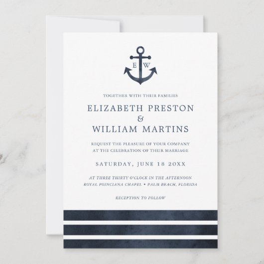 Waterverf Nautical Anchor Stripes Ocean Wedding Kaart (Voorkant)