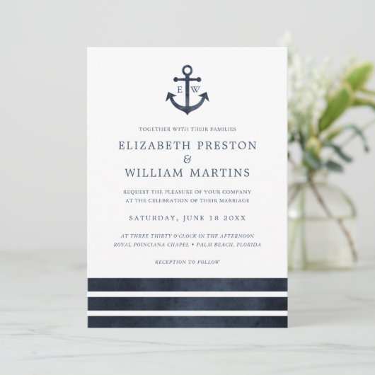 Waterverf Nautical Anchor Stripes Ocean Wedding Kaart (Staand voorkant)