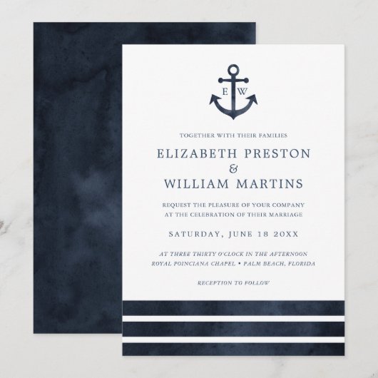 Waterverf Nautical Anchor Stripes Ocean Wedding Kaart (Voorkant / Achterkant)