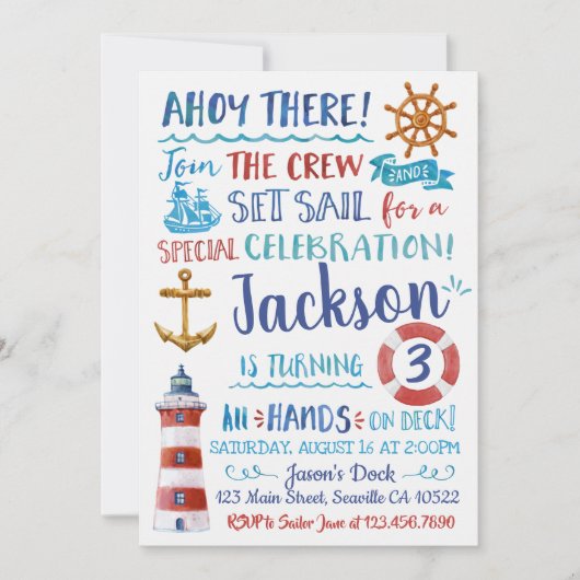 Waterverf Nautical Birthday Uitnodiging (Voorkant)