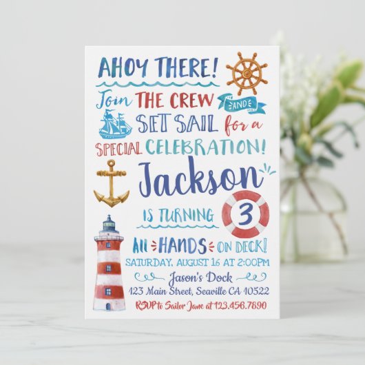 Waterverf Nautical Birthday Uitnodiging (Staand voorkant)