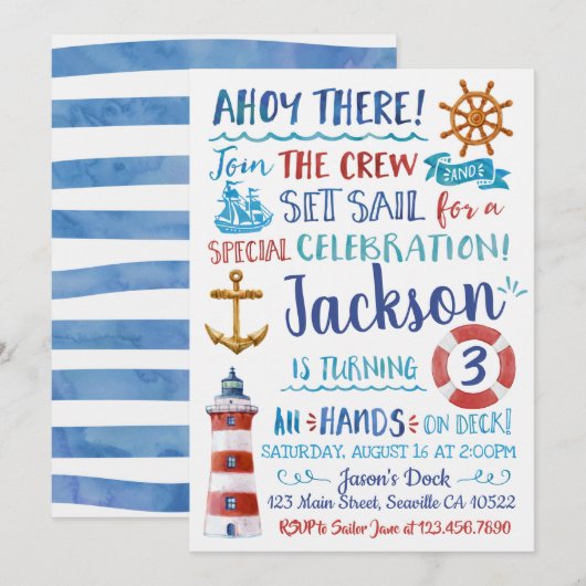 Waterverf Nautical Birthday Uitnodiging (Voorkant / Achterkant)