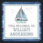 Waterverf Nautical Blue Boat Personated Kinder Vierkante Sticker<br><div class="desc">Aanpasbare sticker voor waterverf-zeemachtbootvaartuigen</div>