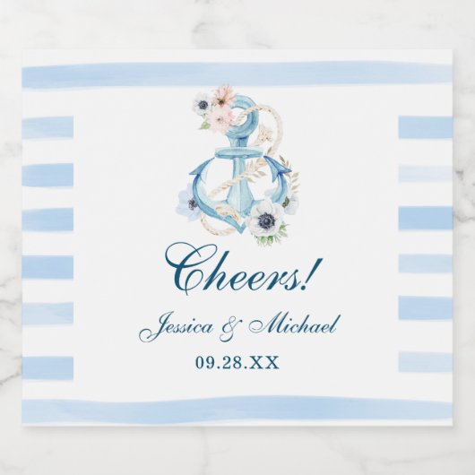 Waterverf Nautical Floral Anchor Beach Wedding Sparkling Wijnetiket (Enkel label)