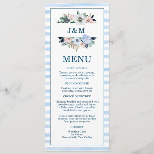 Waterverf Nautical Floral Beach Blue Stripes Menu (Voorkant)