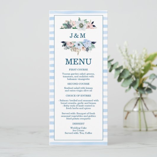 Waterverf Nautical Floral Beach Blue Stripes Menu (Staand voorkant)