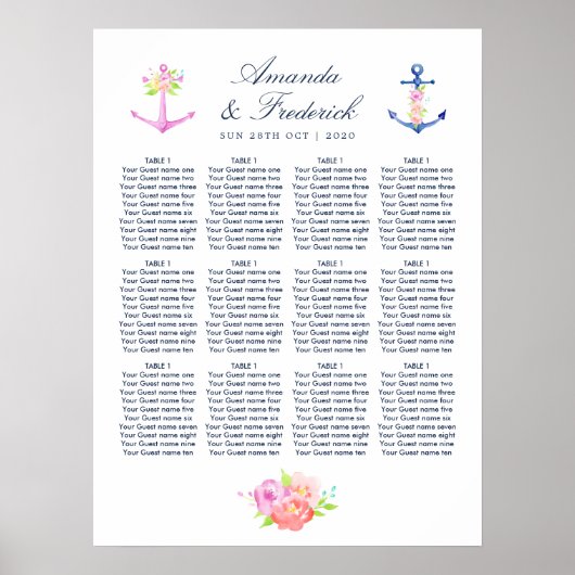 Waterverf Nautical Floral Wedding Seating Chart Poster (Voorkant)