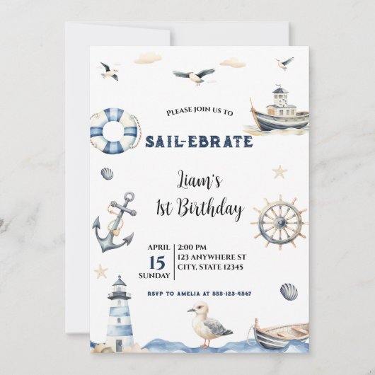 Waterverf Nautical Sail-Ebrate Zeilboot Verjaardag Kaart (Voorkant)