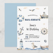 Waterverf Nautical Sail-Ebrate Zeilboot Verjaardag Kaart (Voorkant / Achterkant)