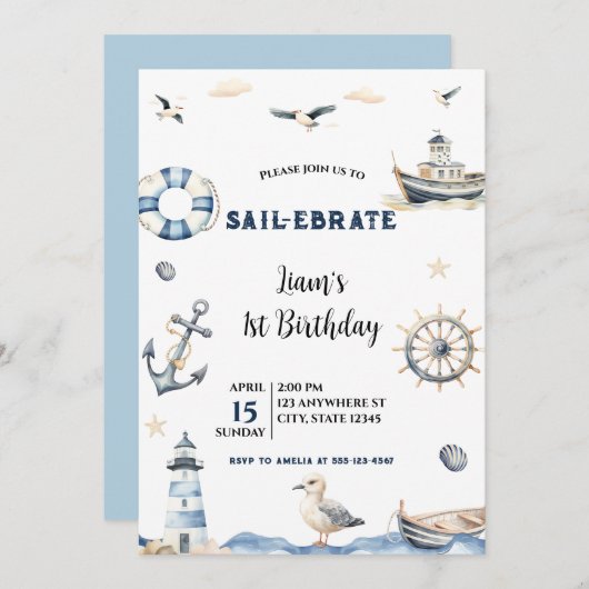 Waterverf Nautical Sail-Ebrate Zeilboot Verjaardag Kaart (Voorkant / Achterkant)