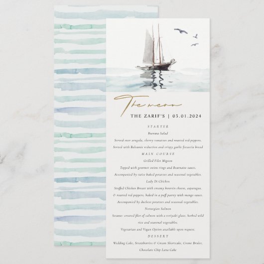 Waterverf Nautical Sail Yacht Wedding Menu Kaart (Voorkant / Achterkant)
