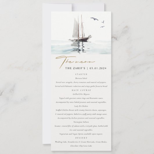 Waterverf Nautical Sail Yacht Wedding Menu Kaart (Voorkant)