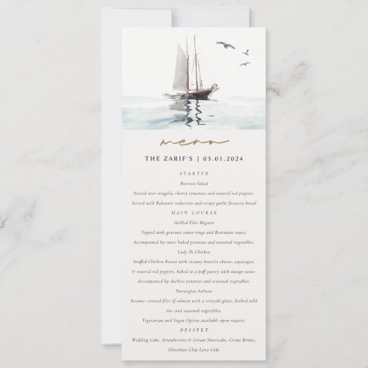 Waterverf Nautical Sail Yacht Wedding Menu Kaart (Voorkant)