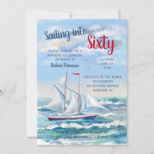 Waterverf Nautical Sailing Yacht 60e verjaardag Kaart (Voorkant)