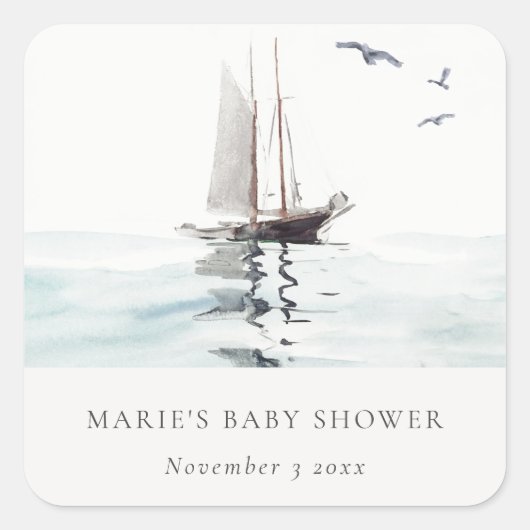 Waterverf Nautical Sailing Yacht Baby shower Vierkante Sticker (Voorkant)