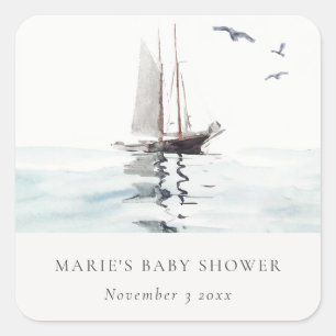 Waterverf Nautical Sailing Yacht Baby shower Vierkante Sticker