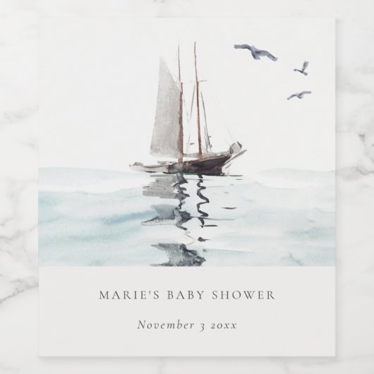Waterverf Nautical Sailing Yacht Baby shower Wijn Etiket (Enkel label)