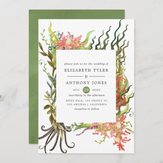 Waterverf Nautical Seaweed Wedding Kaart (Voorkant / Achterkant)