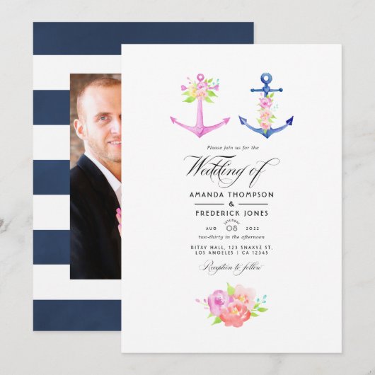 Waterverf Nautical Thleing Floral Wedding Foto Kaart (Voorkant / Achterkant)