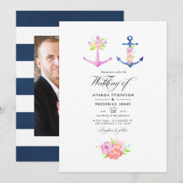 Waterverf Nautical Thleing Floral Wedding Foto Kaart