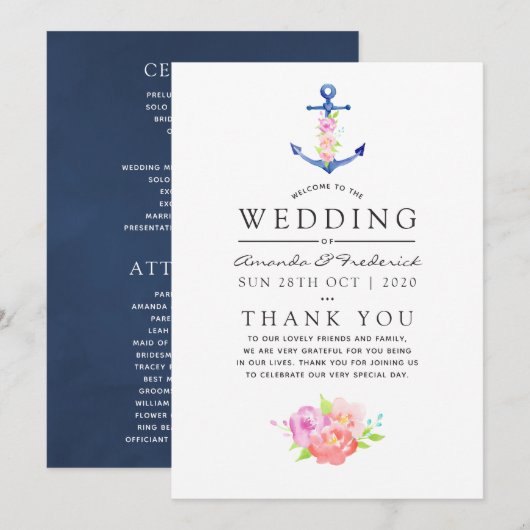 Waterverf Nautical Thormal Anchor Wedding Programmakaart (Voorkant / Achterkant)