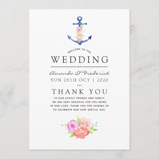 Waterverf Nautical Thormal Anchor Wedding Programmakaart (Voorkant)