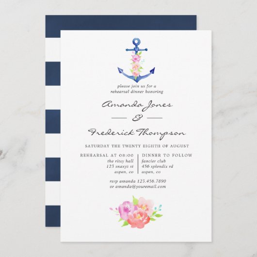 Waterverf Nautical Thormal Rehearsal Dinner Kaart (Voorkant / Achterkant)