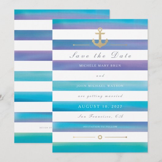 Waterverf Nautical Wedding Save the Date Kaart (Voorkant / Achterkant)