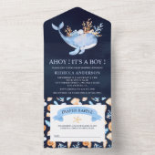 Waterverf Nautical Whale Navy Blue Baby shower All In One Uitnodiging (Binnen)