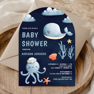 Waterverf Nautilus Navyblauwe Boog Baby Shower Kaart