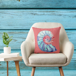 Waterverf Nautilus Shell in Coral Blue en Grey Kussen