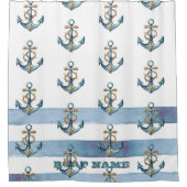 Waterverf nautisch anker lichtblauwe strepen douchegordijn (Voorkant)