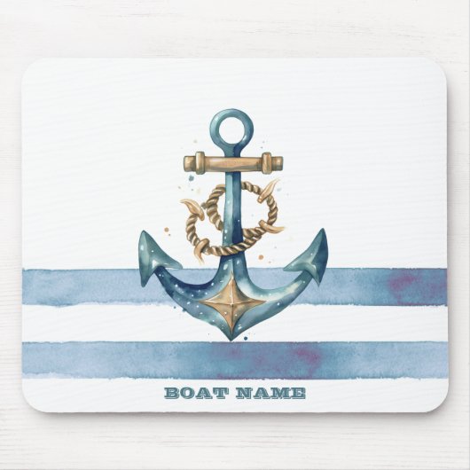 Waterverf nautisch anker lichtblauwe strepen muismat (Voorkant)