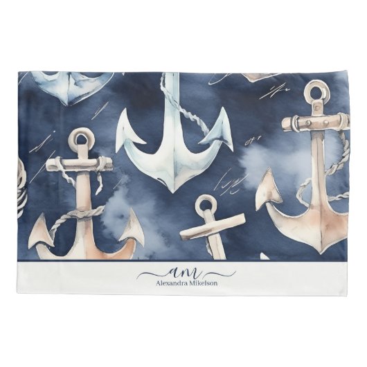 Waterverf Nautisch Anker Ocean Navy monogram Kussensloop (Achterkant)