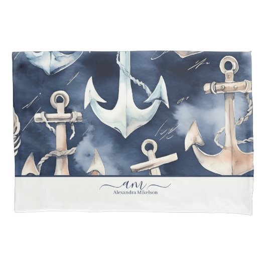 Waterverf Nautisch Anker Ocean Navy monogram Kussensloop (Voorkant)