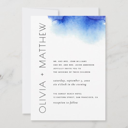 Waterverf nautisch blauw eenvoudige moderne bruilo kaart (Voorkant)