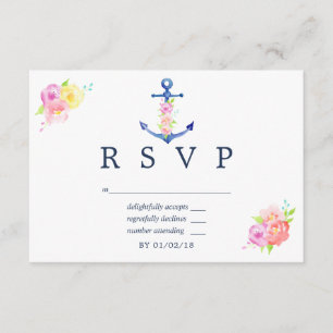 Waterverf Nautisch Thema Bloemige Trouw-Huwelijk R RSVP Kaartje