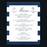 Waterverf Nautische Bloemen Bruiloft Menu Poster<br><div class="desc">Trendy marine en wit nautisch thema bruiloft menu poster met waterverf bloemenroze en blauwe ankers en marinestrepen.</div>