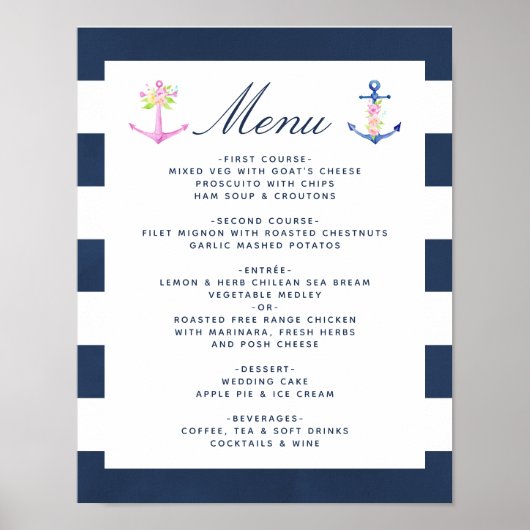 Waterverf Nautische Bloemen Bruiloft Menu Poster (Voorkant)