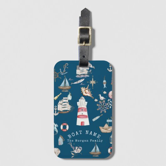 Waterverf nautische elementen blauw bagagelabel (Voorkant (verticaal))