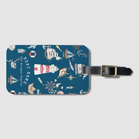 Waterverf nautische elementen blauw bagagelabel (Voorkant (horizontaal))