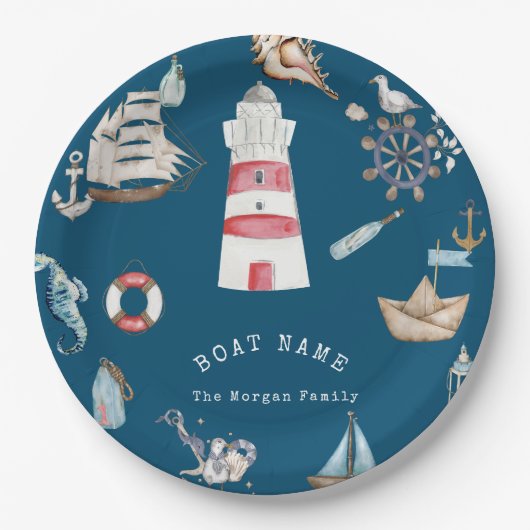 Waterverf nautische elementen blauw papieren bordje (Voorkant)
