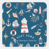 Waterverf nautische elementen blauw vierkante sticker (Voorkant)