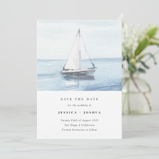 Waterverf Nautische foto Zeilen Save the Date Kaart (Staand voorkant)