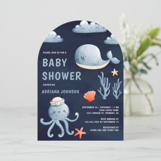 Waterverf Nautische Marine Blue Arch Baby shower Kaart (Staand voorkant)