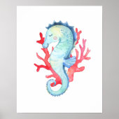 Waterverf Nautische oceaan zeepaardje en koraal Poster (Voorkant)
