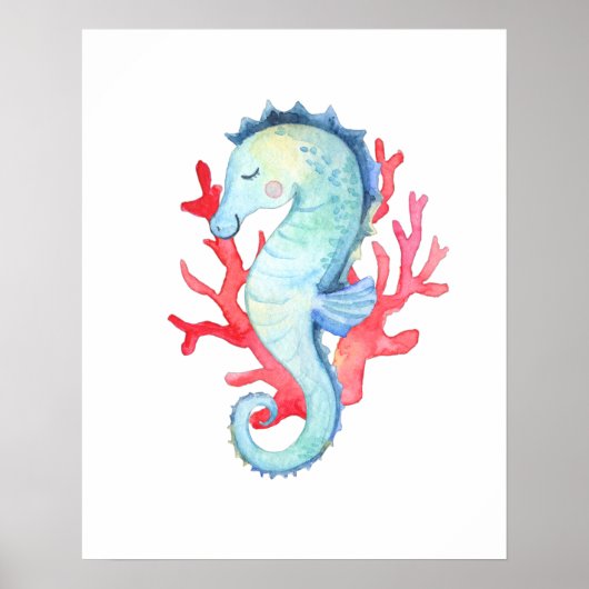 Waterverf Nautische oceaan zeepaardje en koraal Poster (Voorkant)